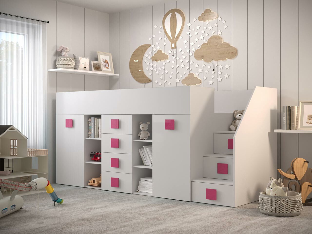 Lit mezzanine Hartford 366 (Blanc + Blanc brillant + Rose)