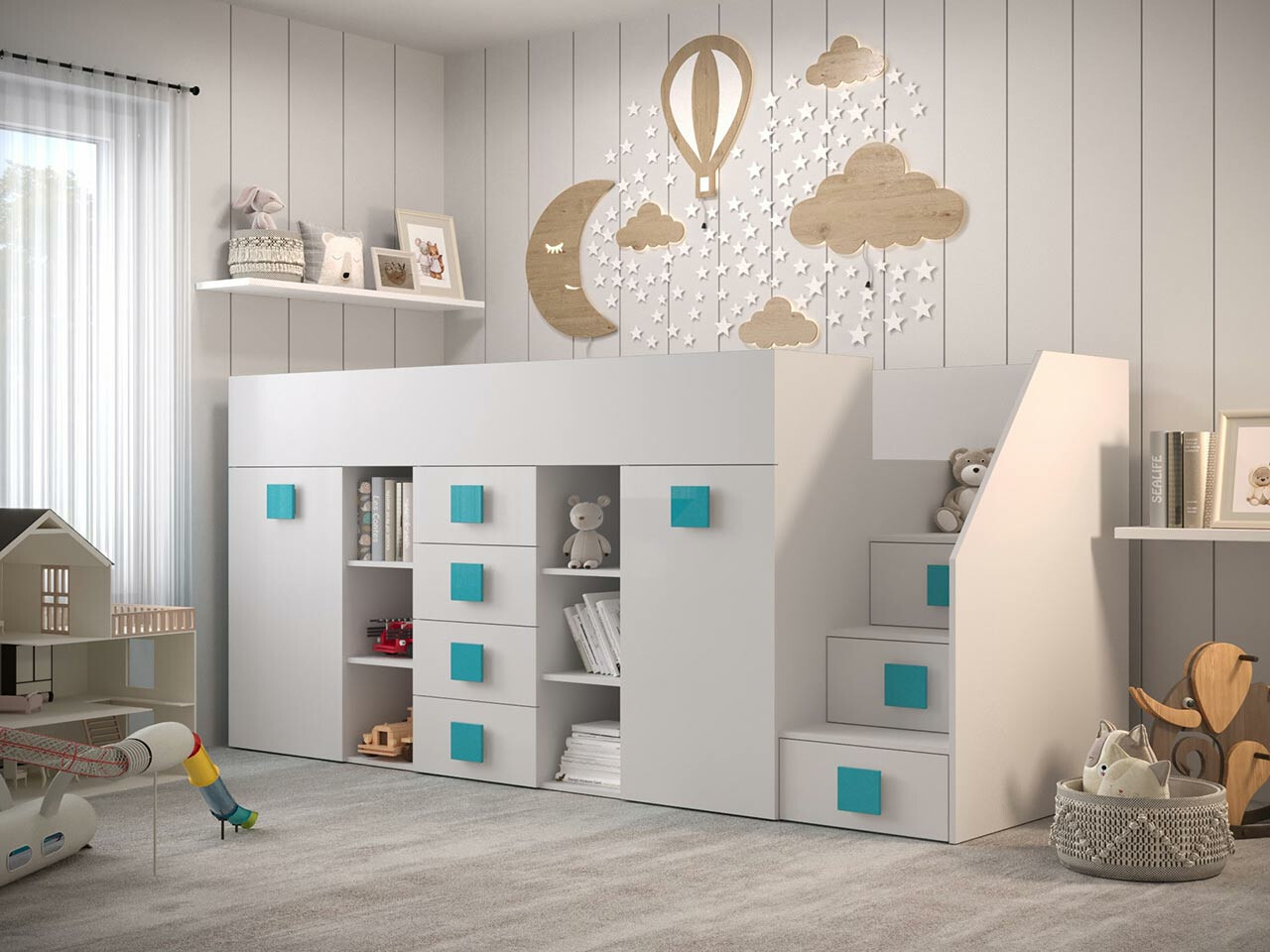 Lit mezzanine Hartford 366 (Blanc + Blanc brillant + Turquoise)