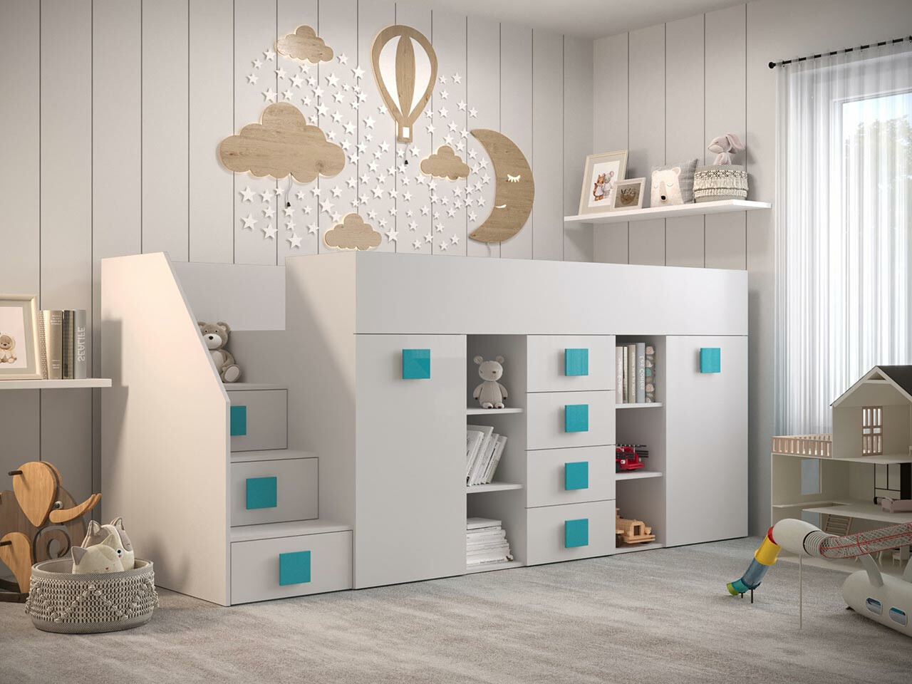 Lit mezzanine Hartford 366 (Blanc + Blanc brillant + Turquoise)