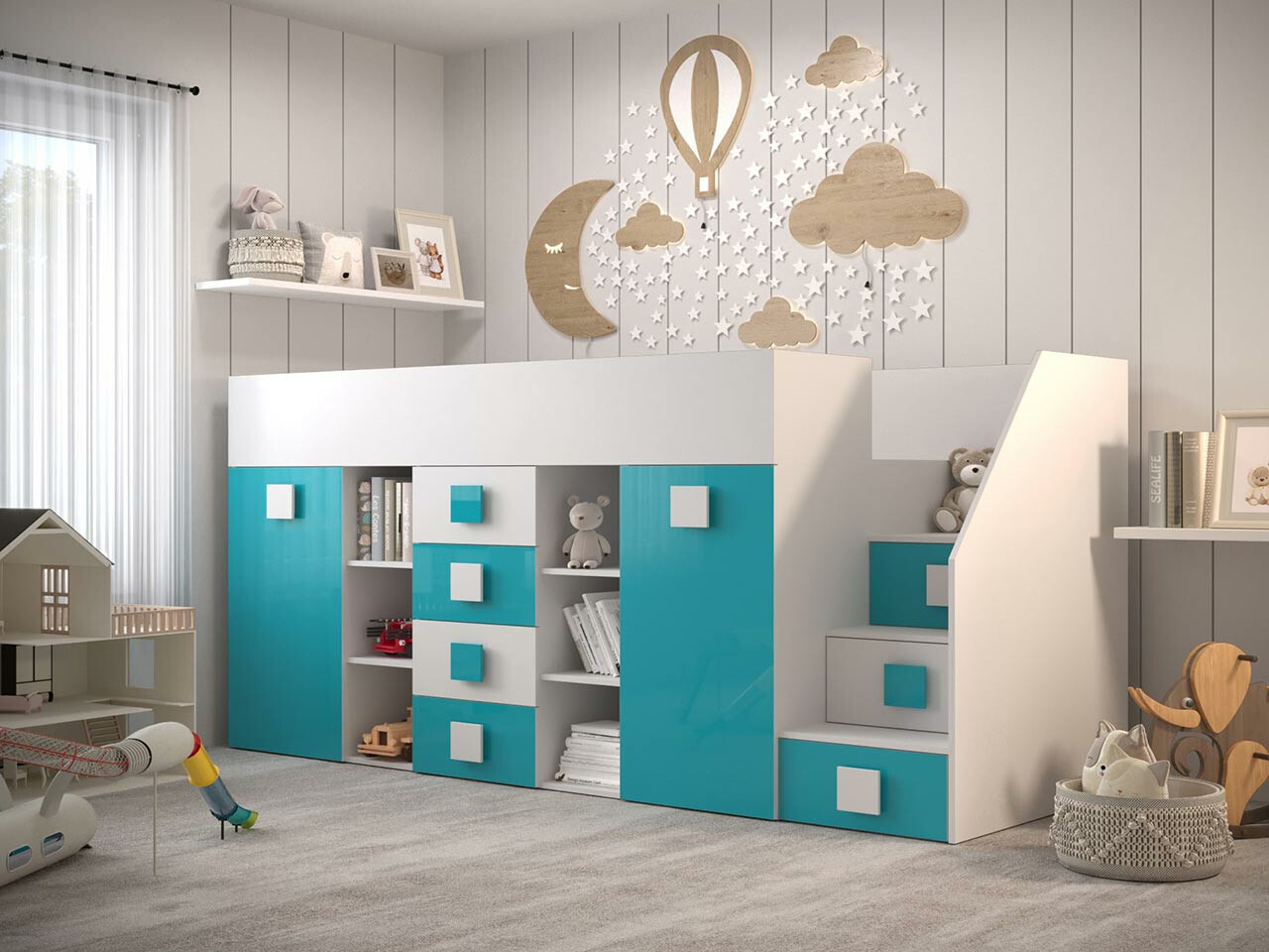 Lit mezzanine Hartford 366 (Blanc + Brillant Turquoise + Blanc brillant)