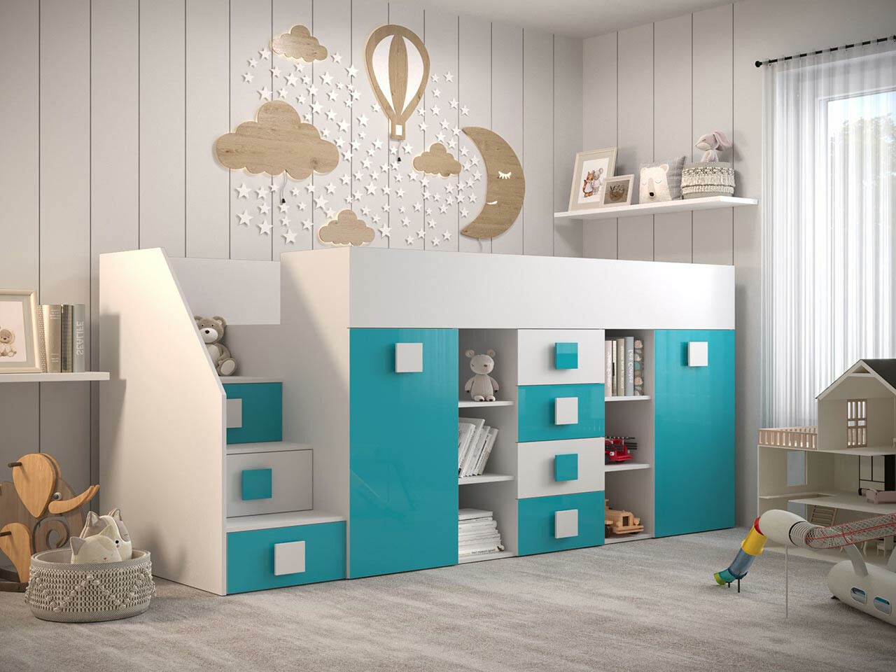 Lit mezzanine Hartford 366 (Blanc + Brillant Turquoise + Blanc brillant)