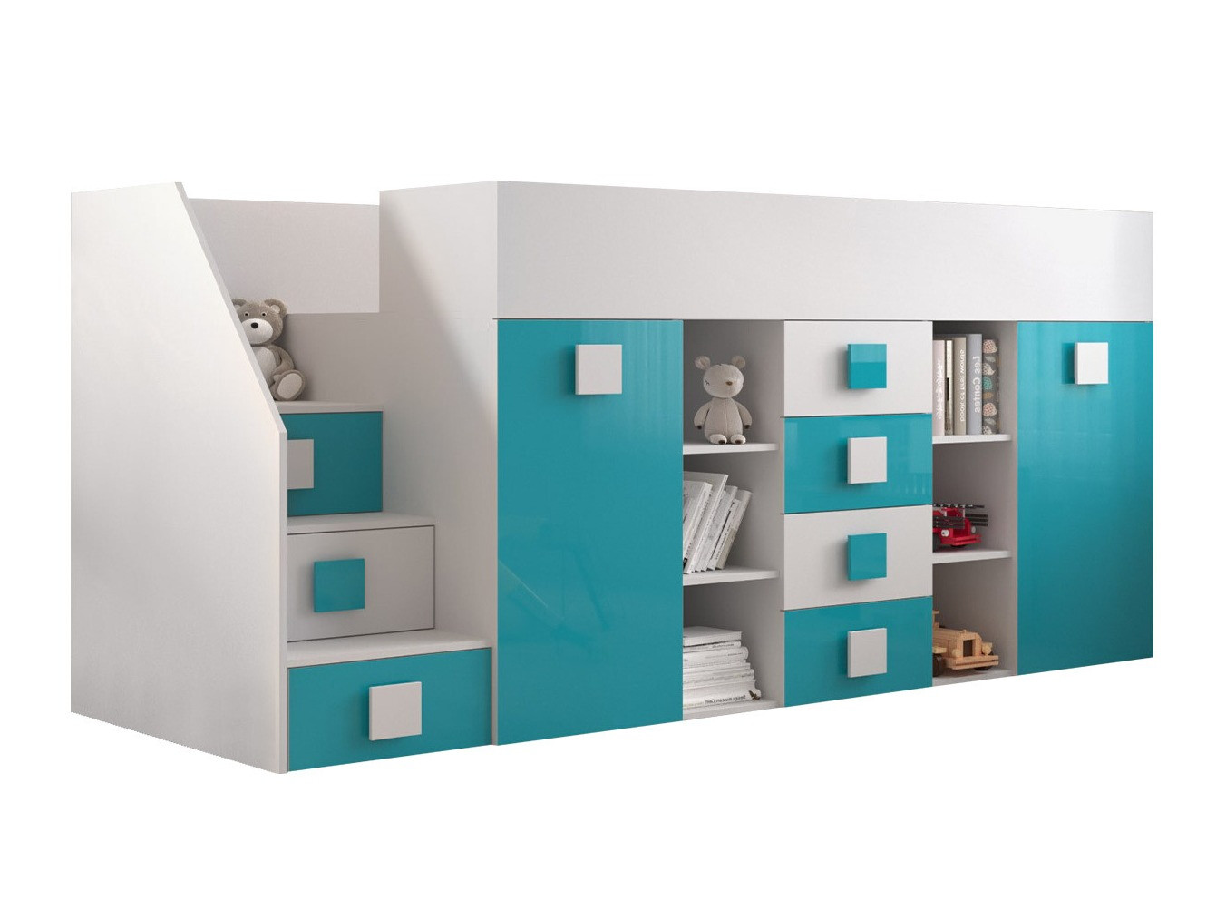 Lit mezzanine Hartford 366 (Blanc + Brillant Turquoise + Blanc brillant)