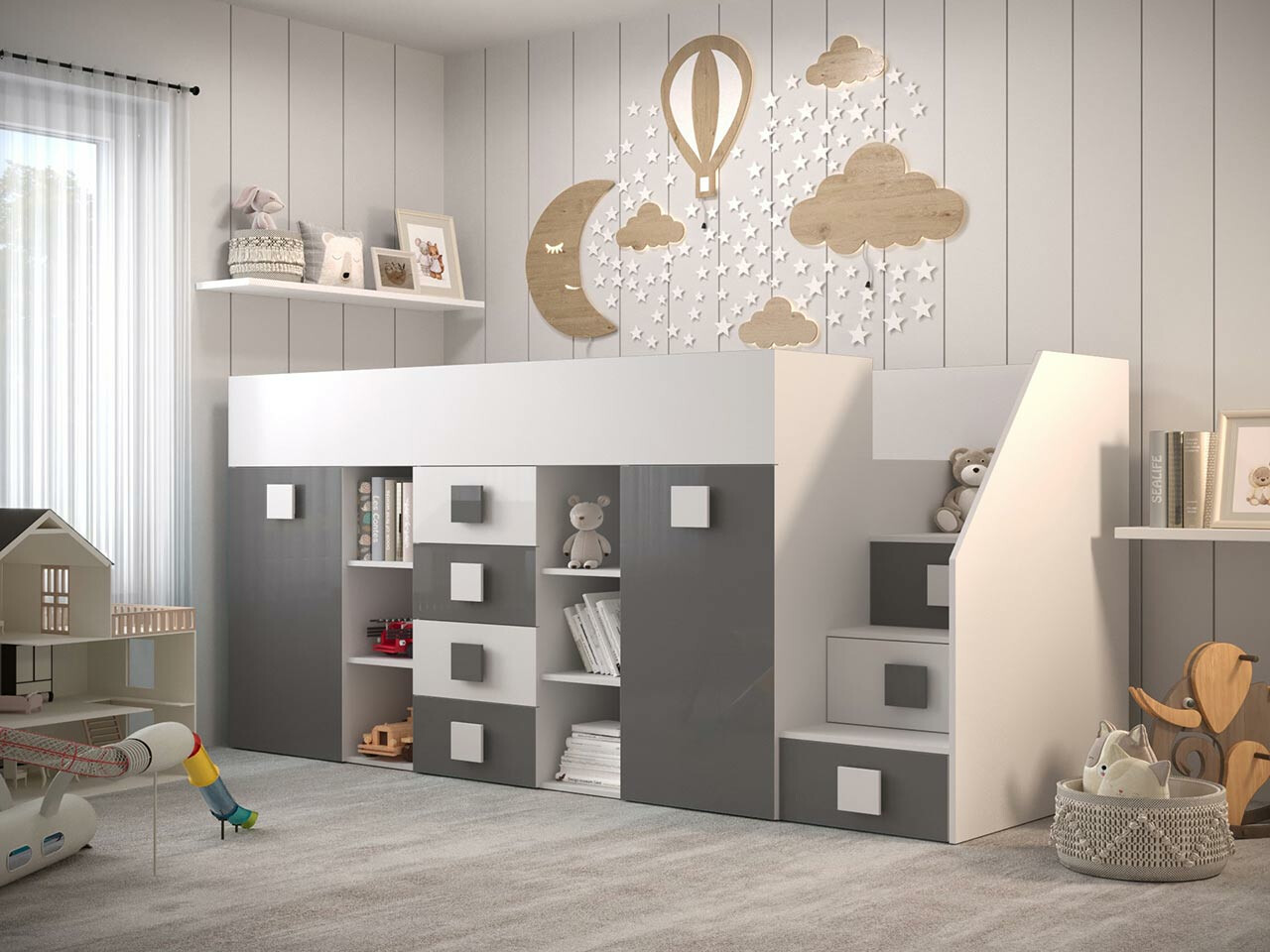Lit mezzanine Hartford 366 (Blanc + Gris brillant + Blanc brillant)