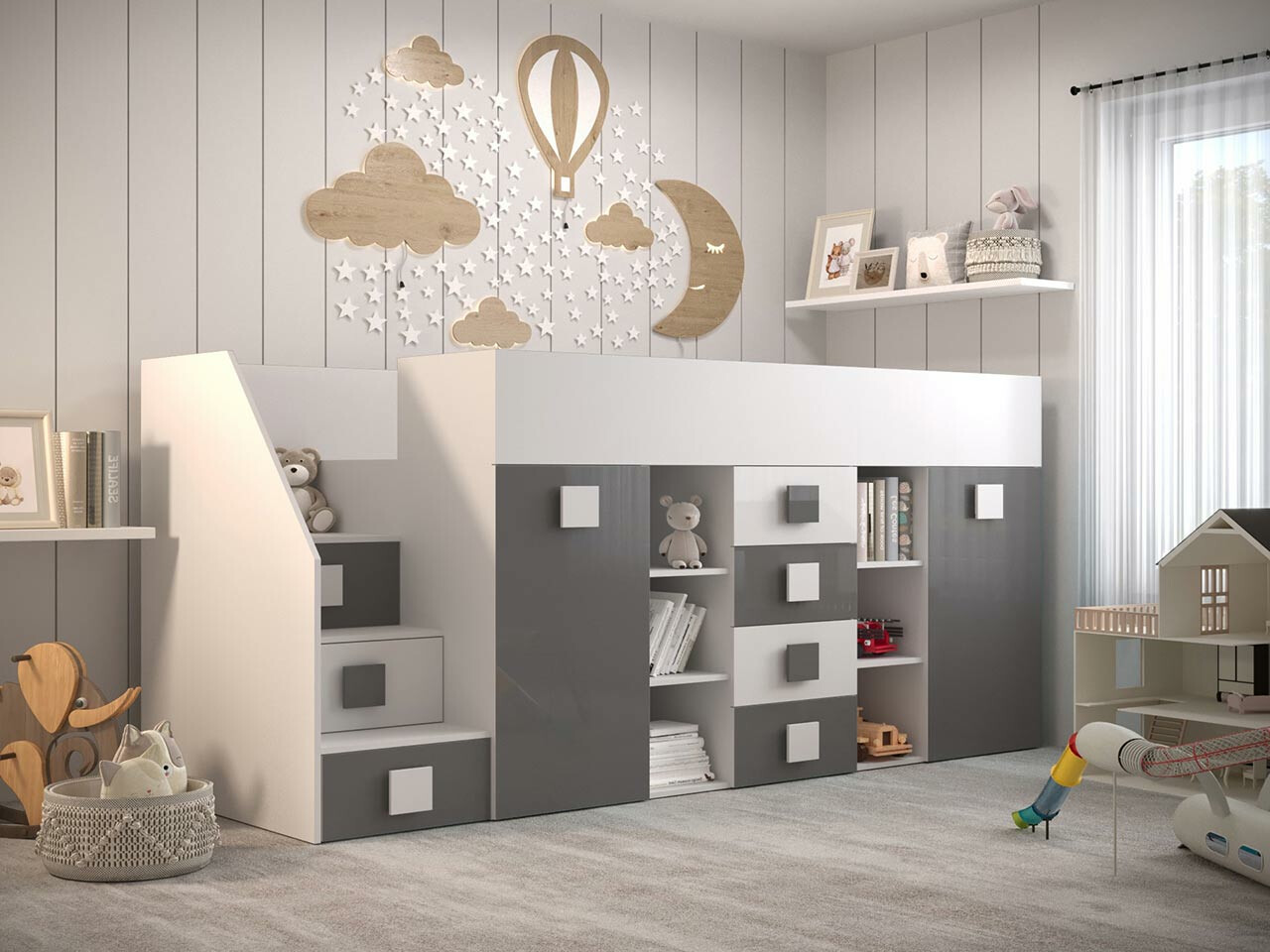 Lit mezzanine Hartford 366 (Blanc + Gris brillant + Blanc brillant)