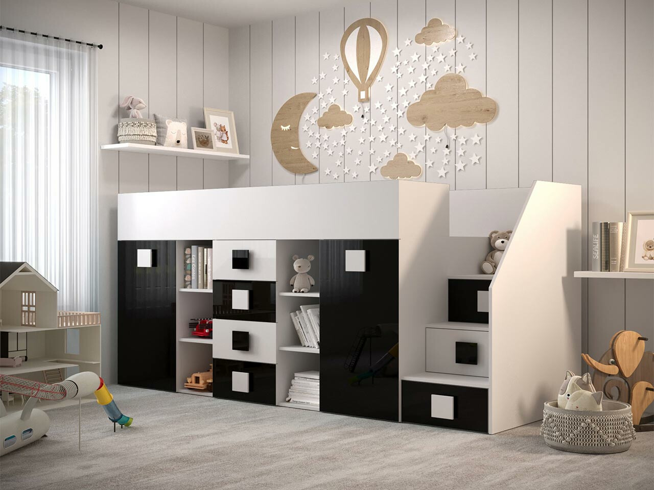 Lit mezzanine Hartford 366 (Blanc + Noir brillant + Blanc brillant)