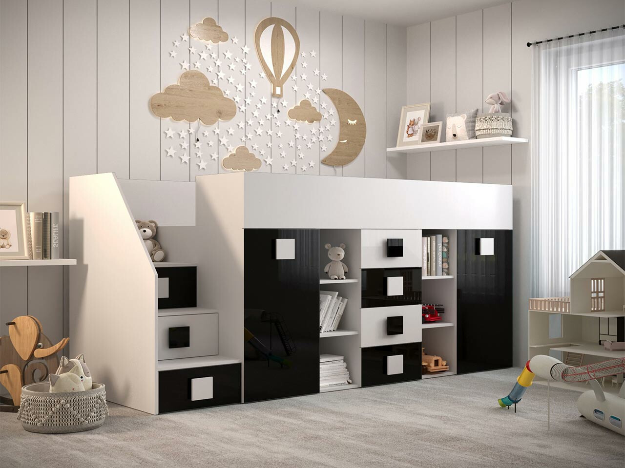 Lit mezzanine Hartford 366 (Blanc + Noir brillant + Blanc brillant)