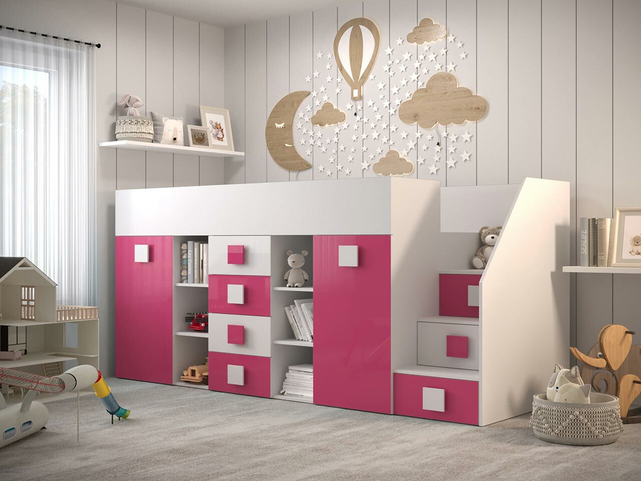 Lit mezzanine Hartford 366 (Blanc + Rose brillant + Blanc brillant)
