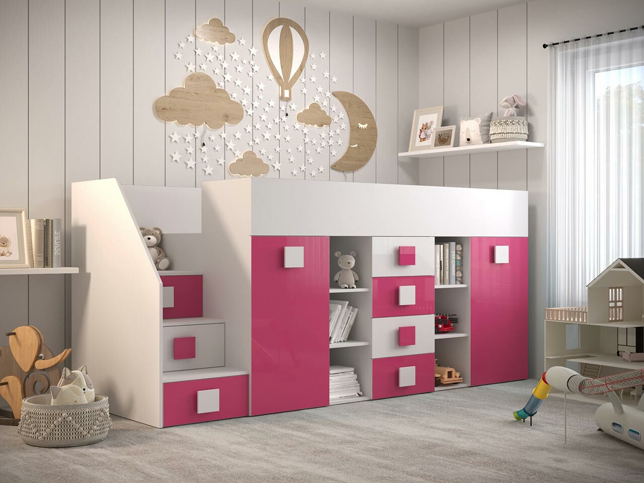 Lit mezzanine Hartford 366 (Blanc + Rose brillant + Blanc brillant)