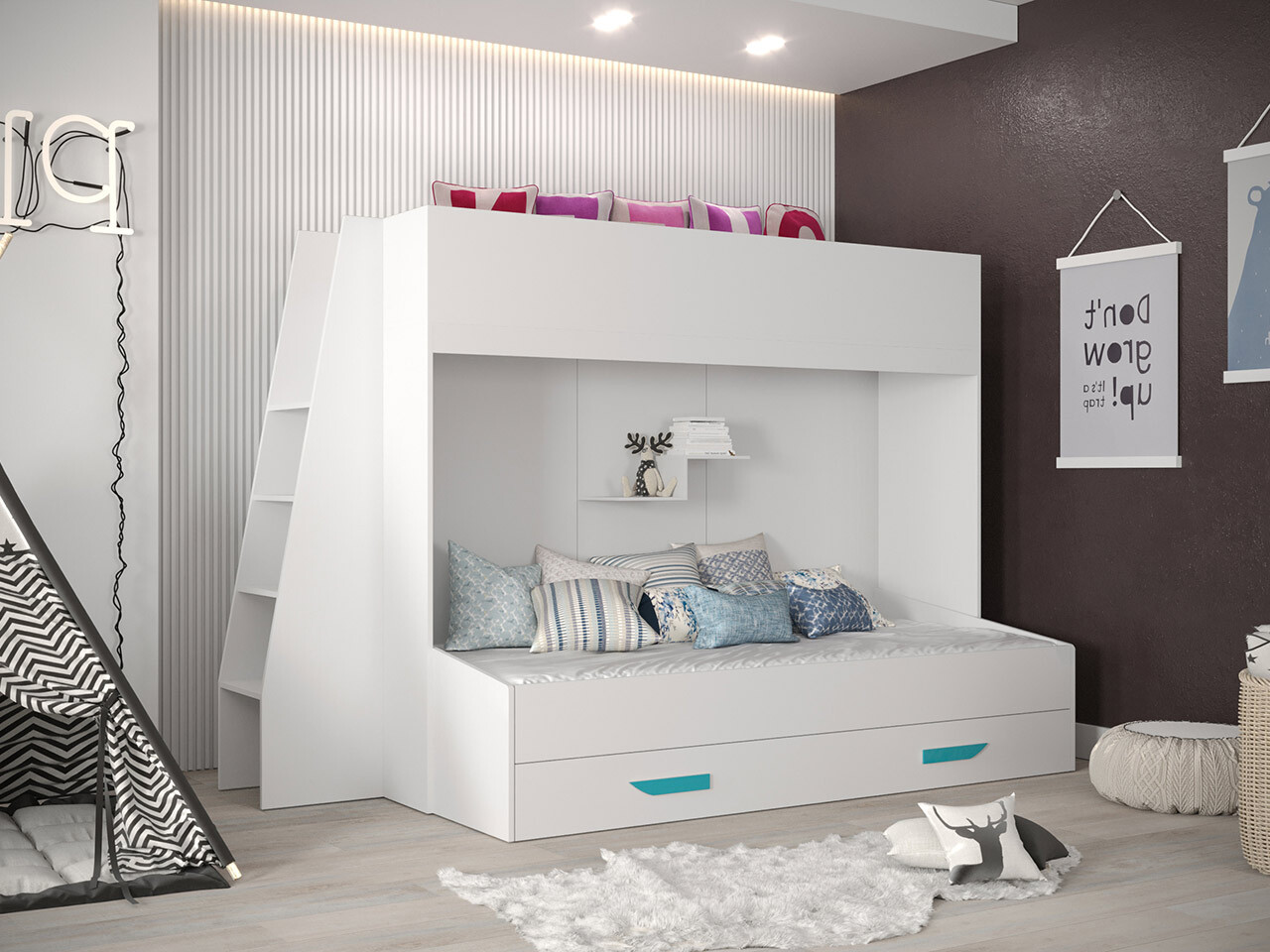 Lit superposé Hartford 357 (Blanc + Blanc brillant + Turquoise)