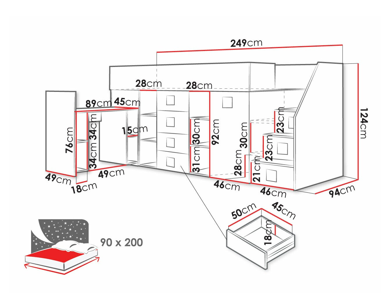 Lit haut Hartford 366 (Blanc + Brillant Turquoise + Blanc brillant)
