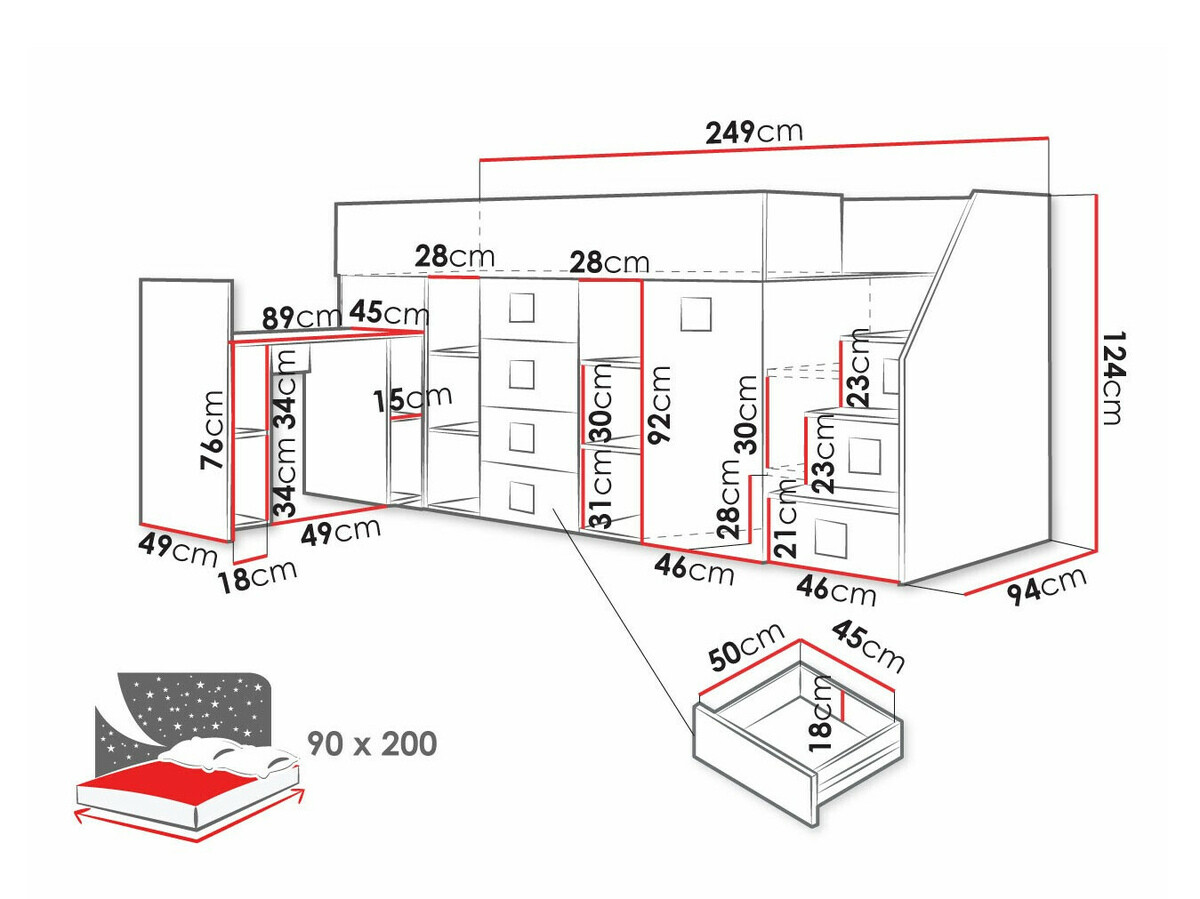 Lit haut Hartford 366 (Blanc + Rose brillant + Blanc brillant)