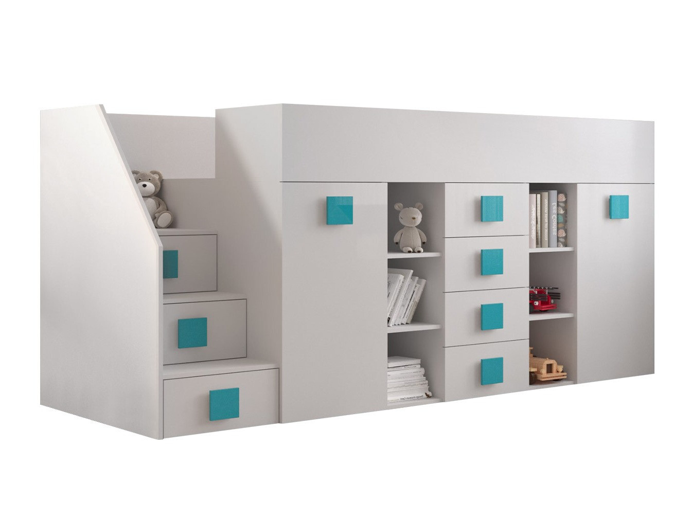 Lit mezzanine Hartford 366 (Blanc + Blanc brillant + Turquoise)