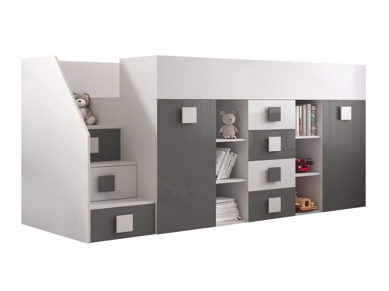 Lit mezzanine Hartford 366 (Blanc + Gris brillant + Blanc brillant)