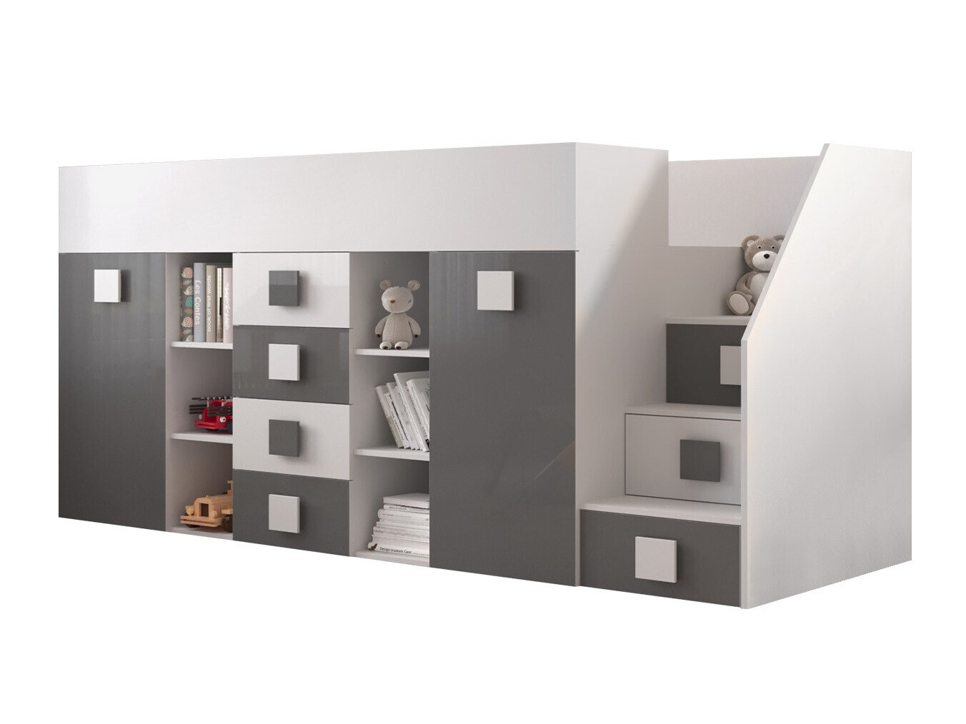 Lit mezzanine Hartford 366 (Blanc + Gris brillant + Blanc brillant)