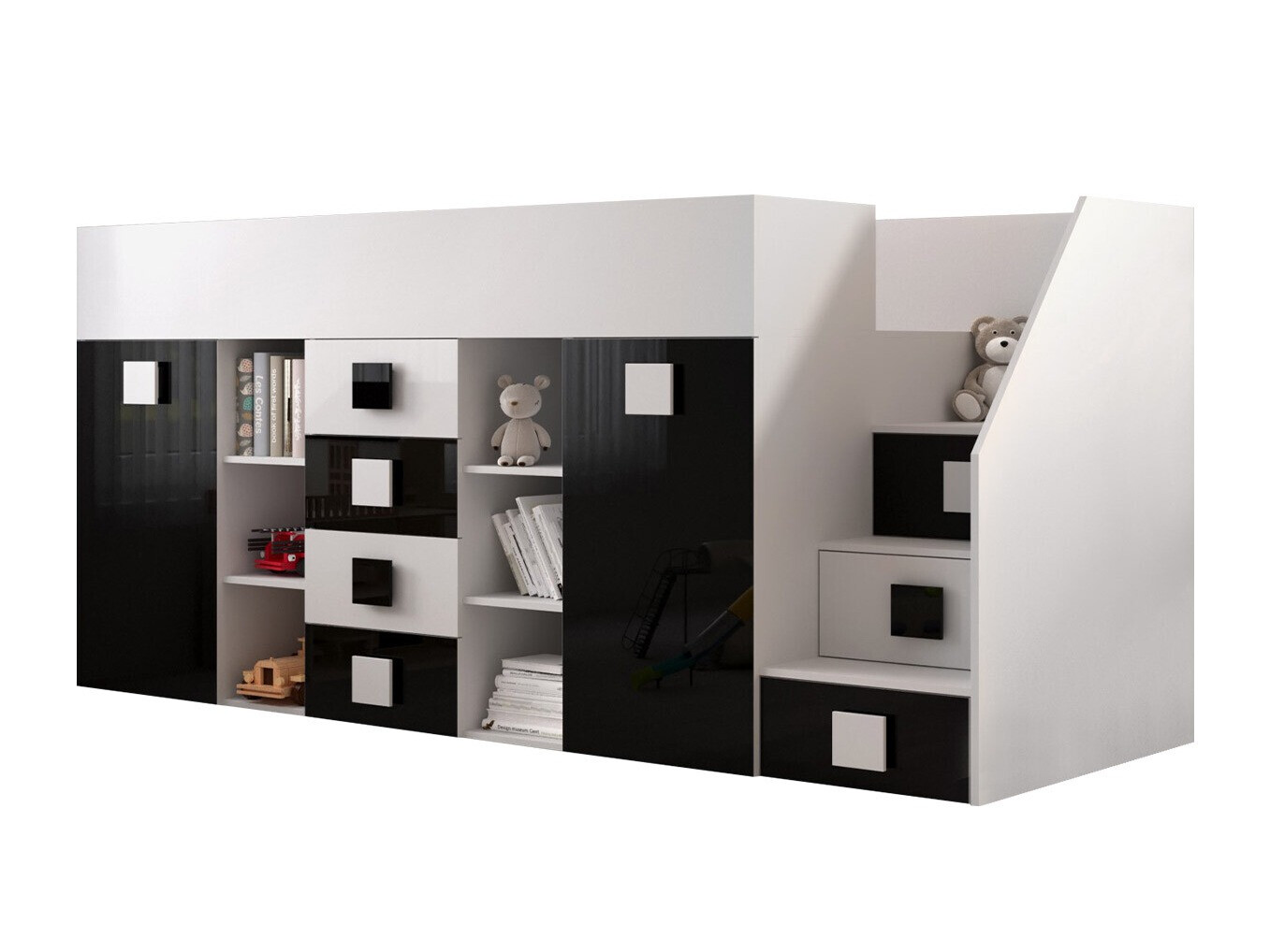 Lit mezzanine Hartford 366 (Blanc + Noir brillant + Blanc brillant)