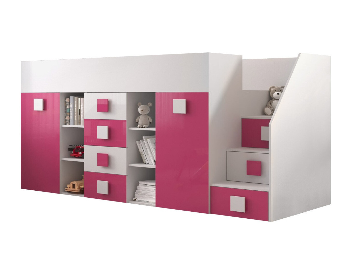 Lit mezzanine Hartford 366 (Blanc + Rose brillant + Blanc brillant)