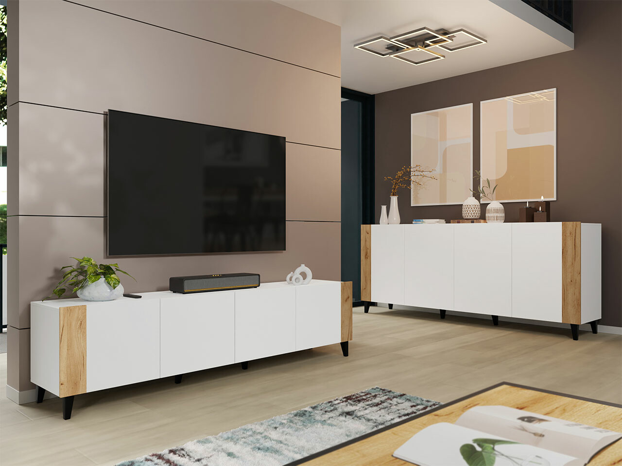 Ensemble de salon Charlotte 185 (Blanc + Chêne Craft)