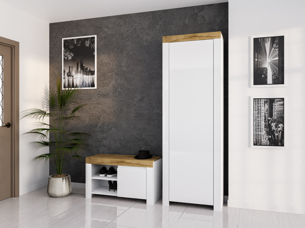 Armoire Sonsoru 117 (Blanc + Blanc brillant + Chêne wotan)