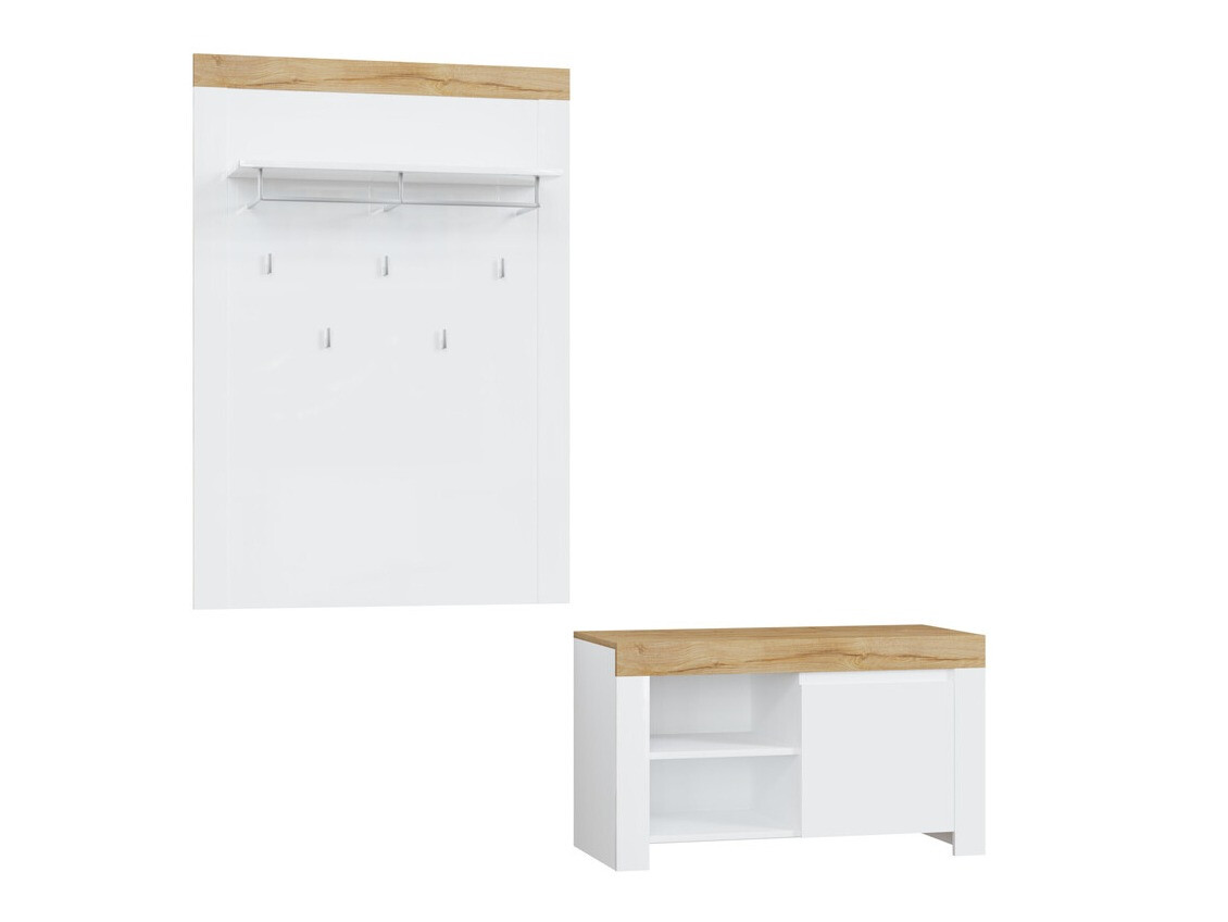Meuble d'entrée Sonsoru 140 (Blanc + Blanc brillant + Chêne wotan)