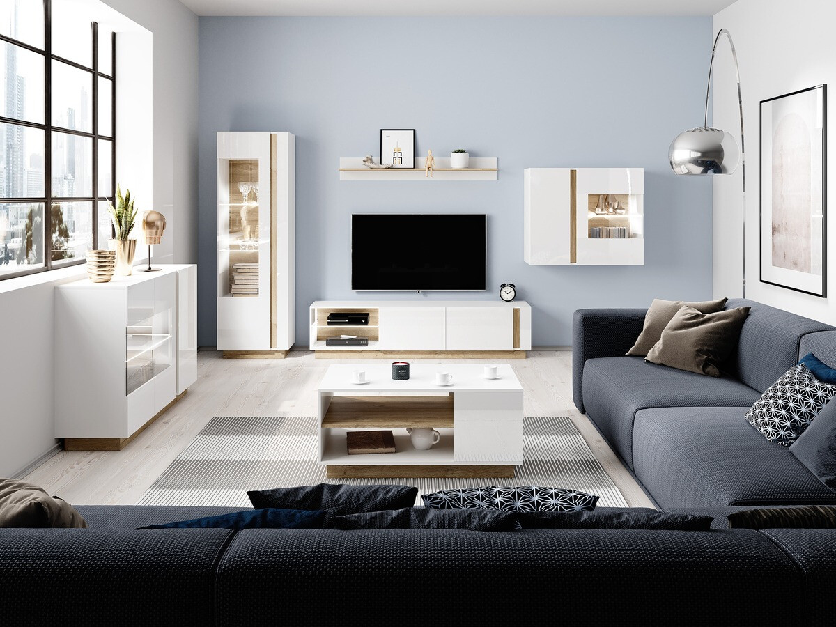Étagère murale Novbela 112 (Blanc + Blanc brillant + Grandson chêne)