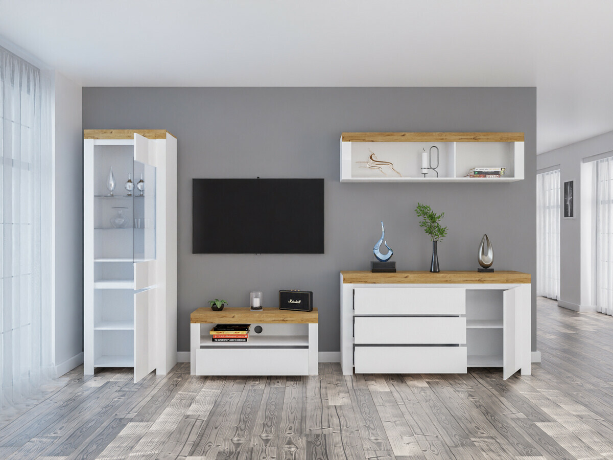 Ensemble de salon Sonsoru 144 (Blanc + Blanc brillant + Chêne wotan)