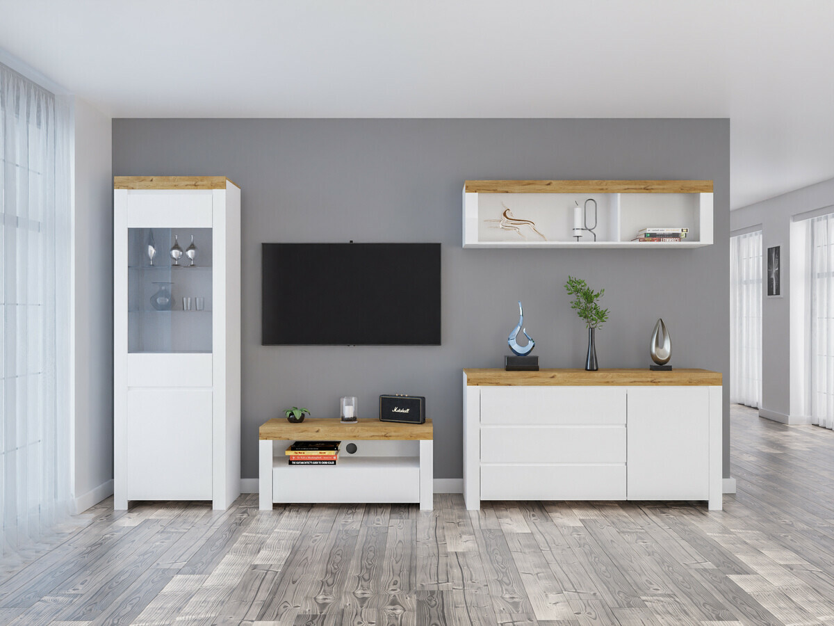 Ensemble de salon Sonsoru 144 (Blanc + Blanc brillant + Chêne wotan)