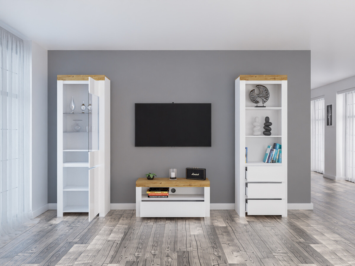 Ensemble de salon Sonsoru 145 (Blanc + Blanc brillant + Chêne wotan)