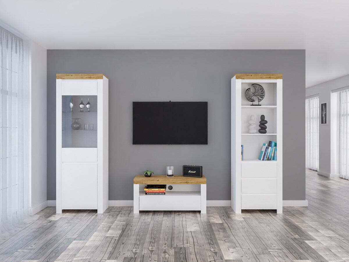 Ensemble de salon Sonsoru 145 (Blanc + Blanc brillant + Chêne wotan)