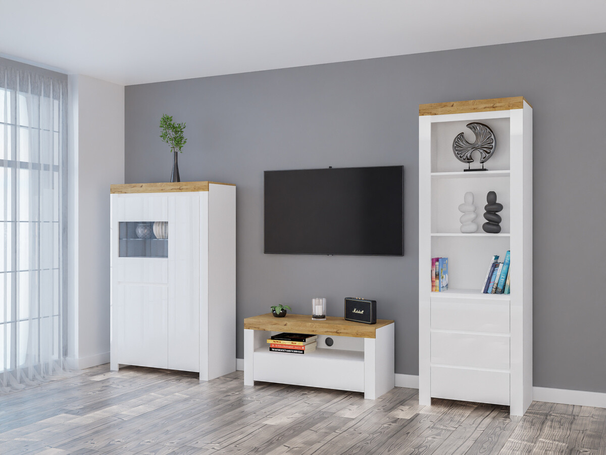 Ensemble de salon Sonsoru 146 (Blanc + Blanc brillant + Chêne wotan)