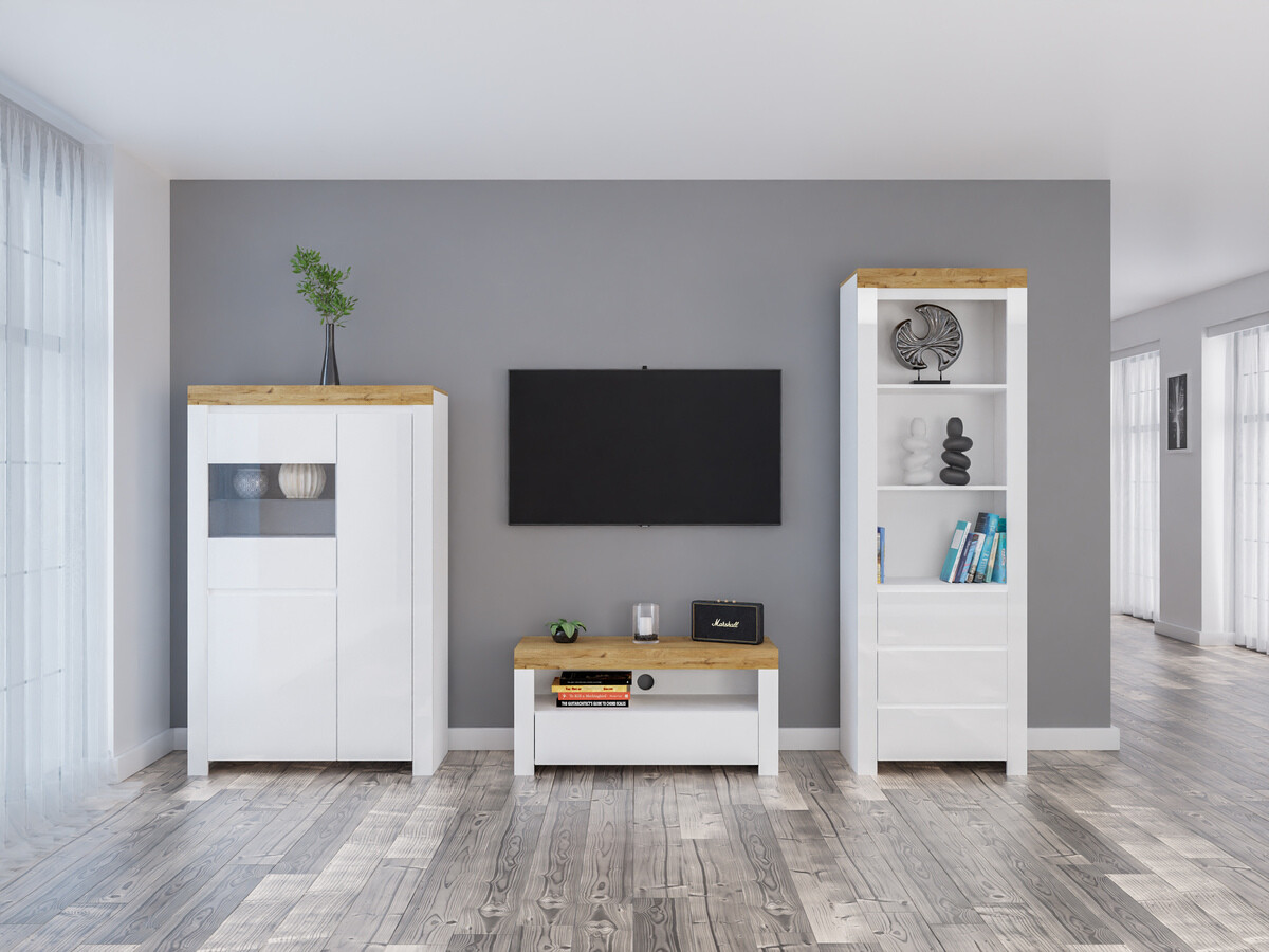 Ensemble de salon Sonsoru 146 (Blanc + Blanc brillant + Chêne wotan)