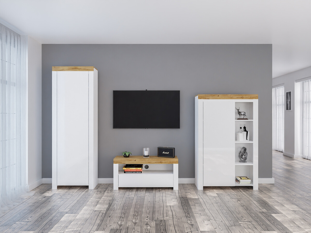 Ensemble de salon Sonsoru 147 (Blanc + Blanc brillant + Chêne wotan)