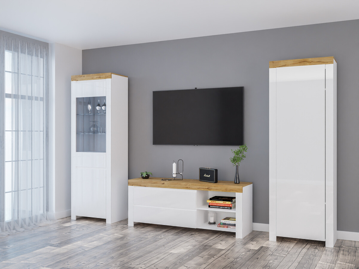 Ensemble de salon Sonsoru 148 (Blanc + Blanc brillant + Chêne wotan)