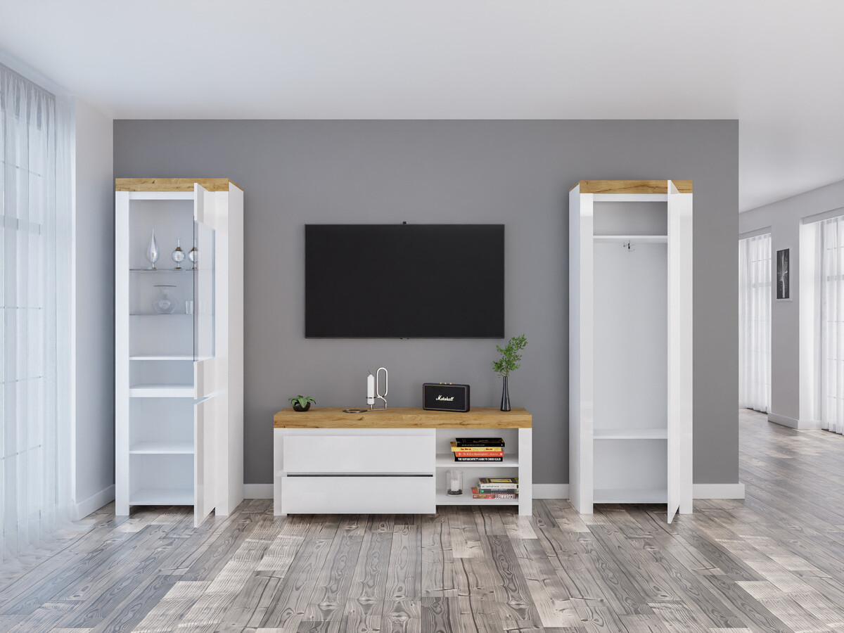 Ensemble de salon Sonsoru 148 (Blanc + Blanc brillant + Chêne wotan)