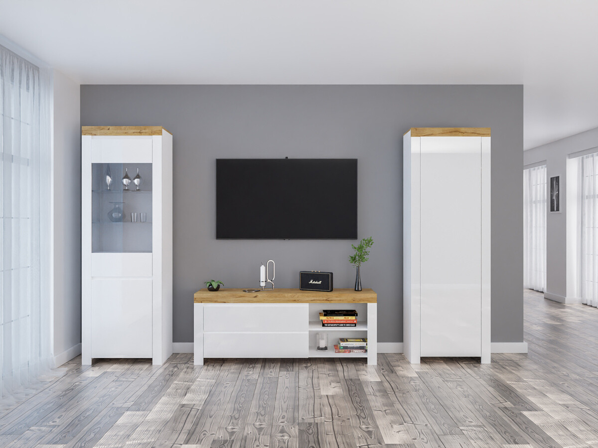 Ensemble de salon Sonsoru 148 (Blanc + Blanc brillant + Chêne wotan)
