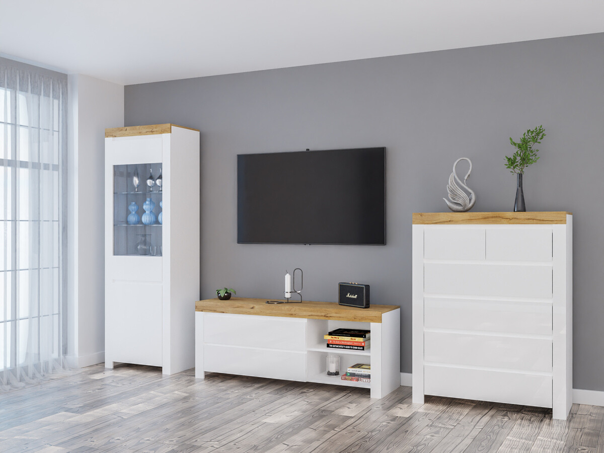 Ensemble de salon Sonsoru 149 (Blanc + Blanc brillant + Chêne wotan)