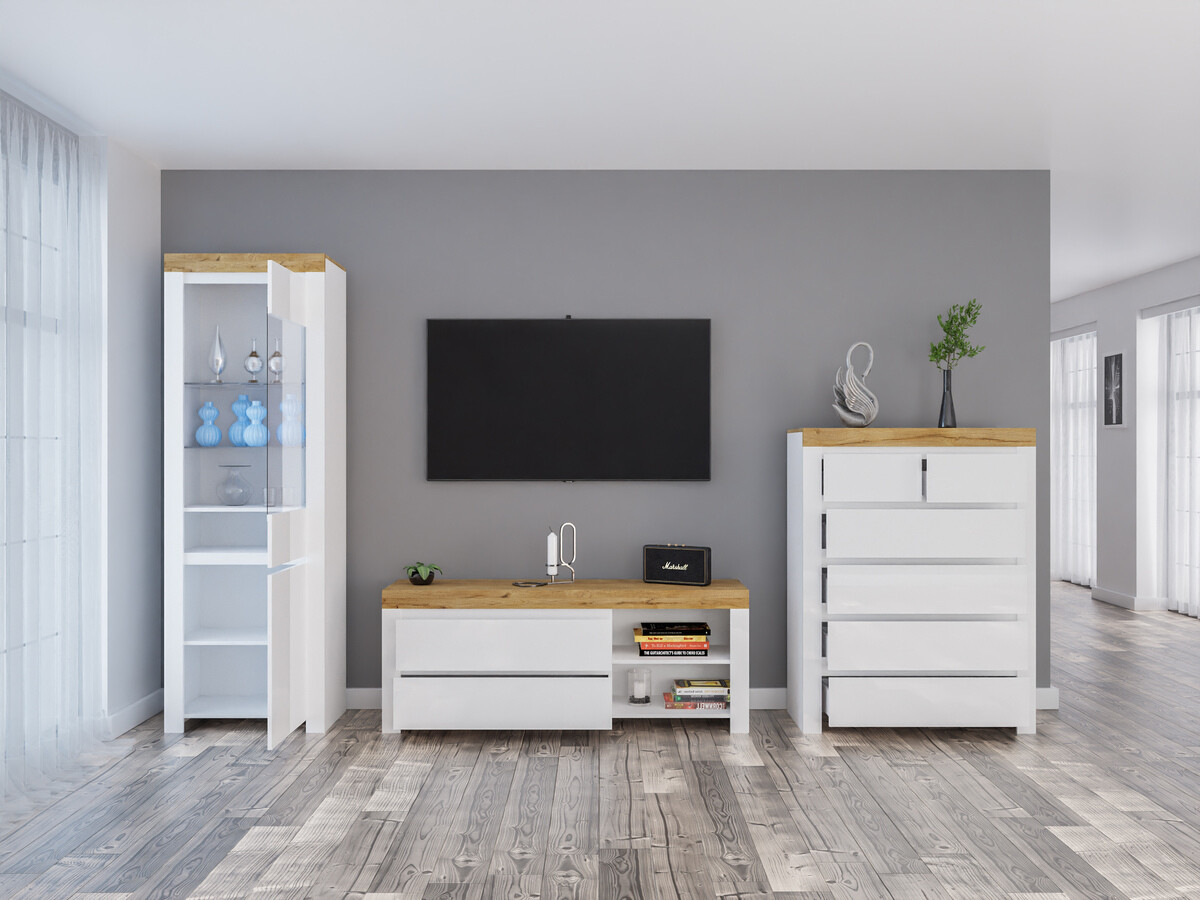 Ensemble de salon Sonsoru 149 (Blanc + Blanc brillant + Chêne wotan)