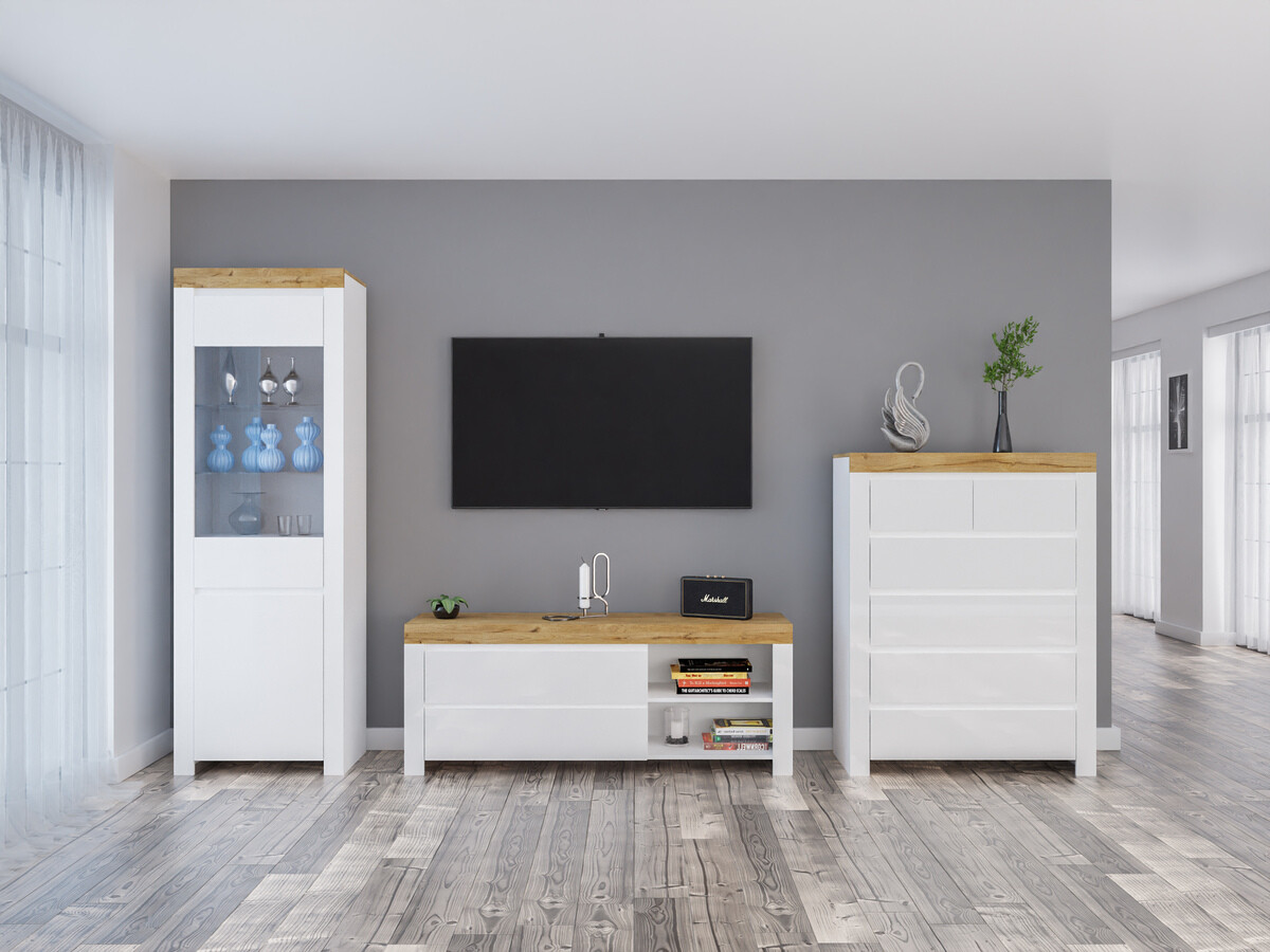 Ensemble de salon Sonsoru 149 (Blanc + Blanc brillant + Chêne wotan)