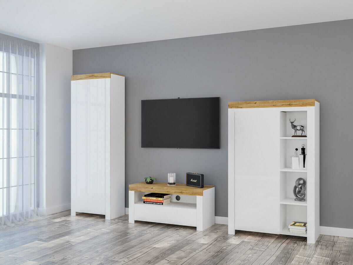 Meuble TV Sonsoru 107 (Blanc + Blanc brillant + Chêne wotan)