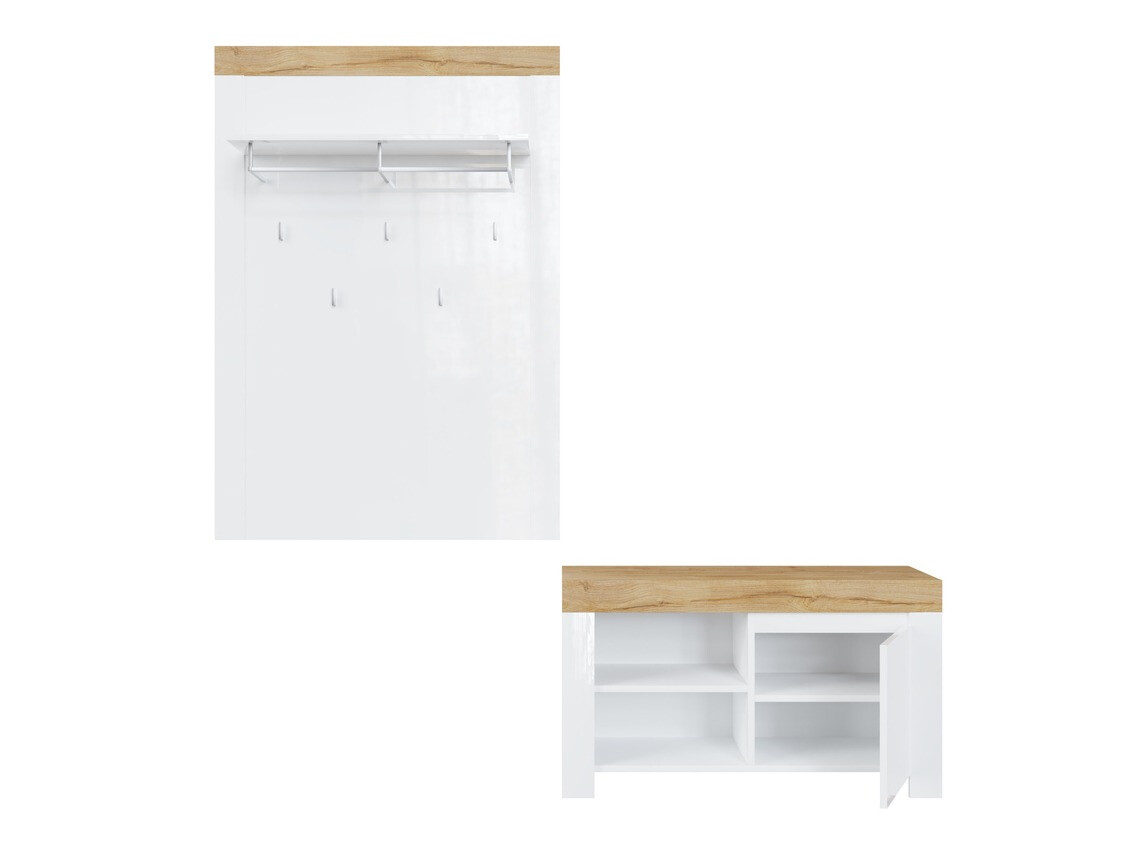 Meuble d'entrée Sonsoru 140 (Blanc + Blanc brillant + Chêne wotan)