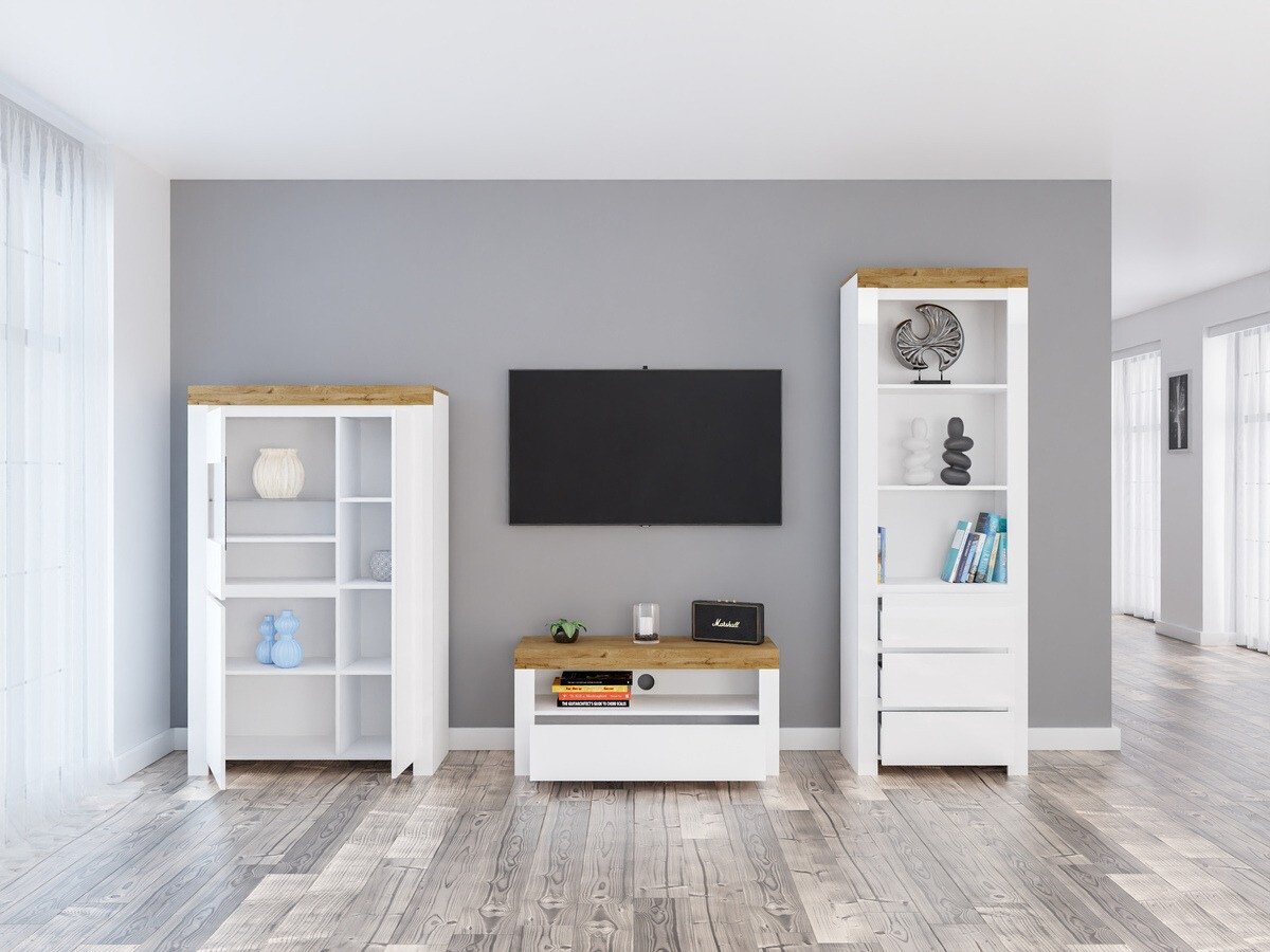 Ensemble de salon Sonsoru 146 (Blanc + Blanc brillant + Chêne wotan)