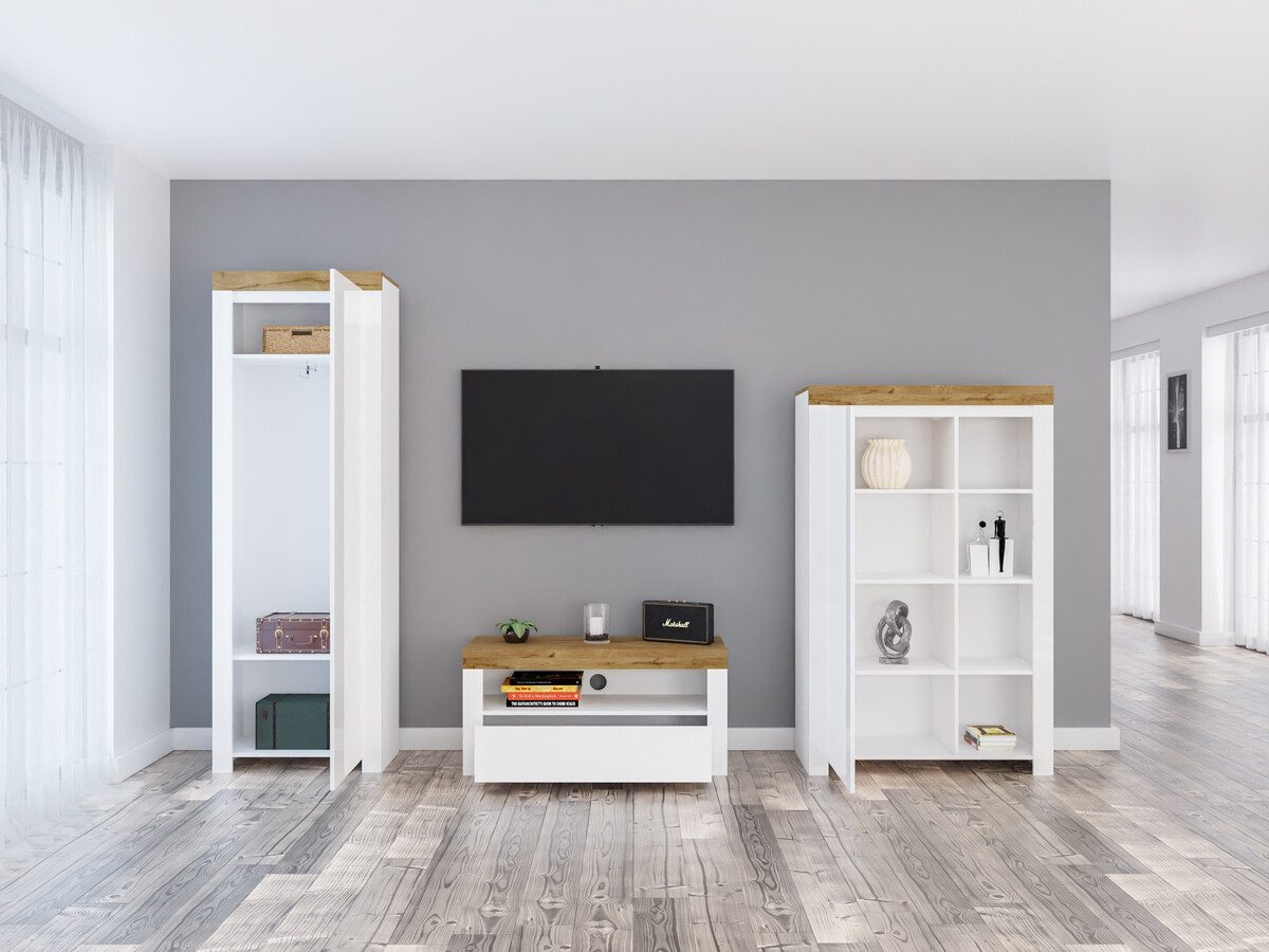 Ensemble de salon Sonsoru 147 (Blanc + Blanc brillant + Chêne wotan)