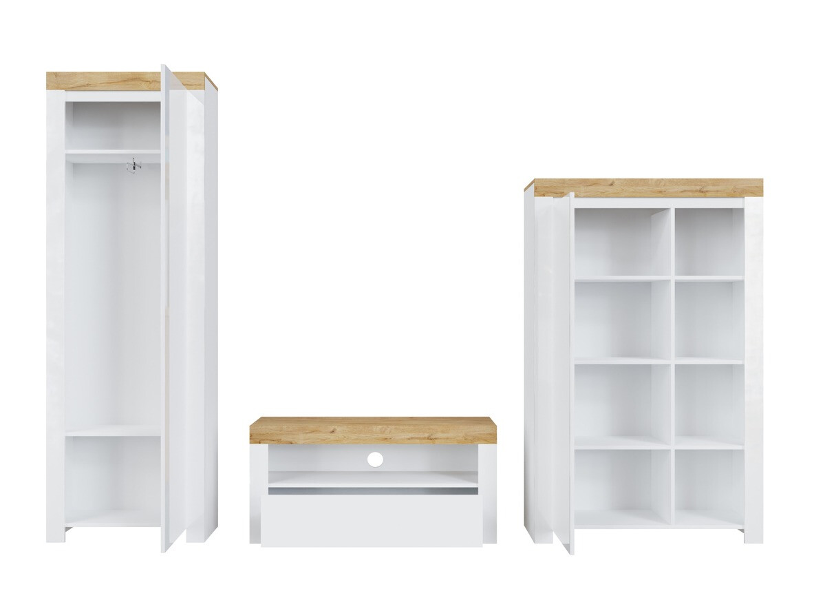Ensemble de salon Sonsoru 147 (Blanc + Blanc brillant + Chêne wotan)