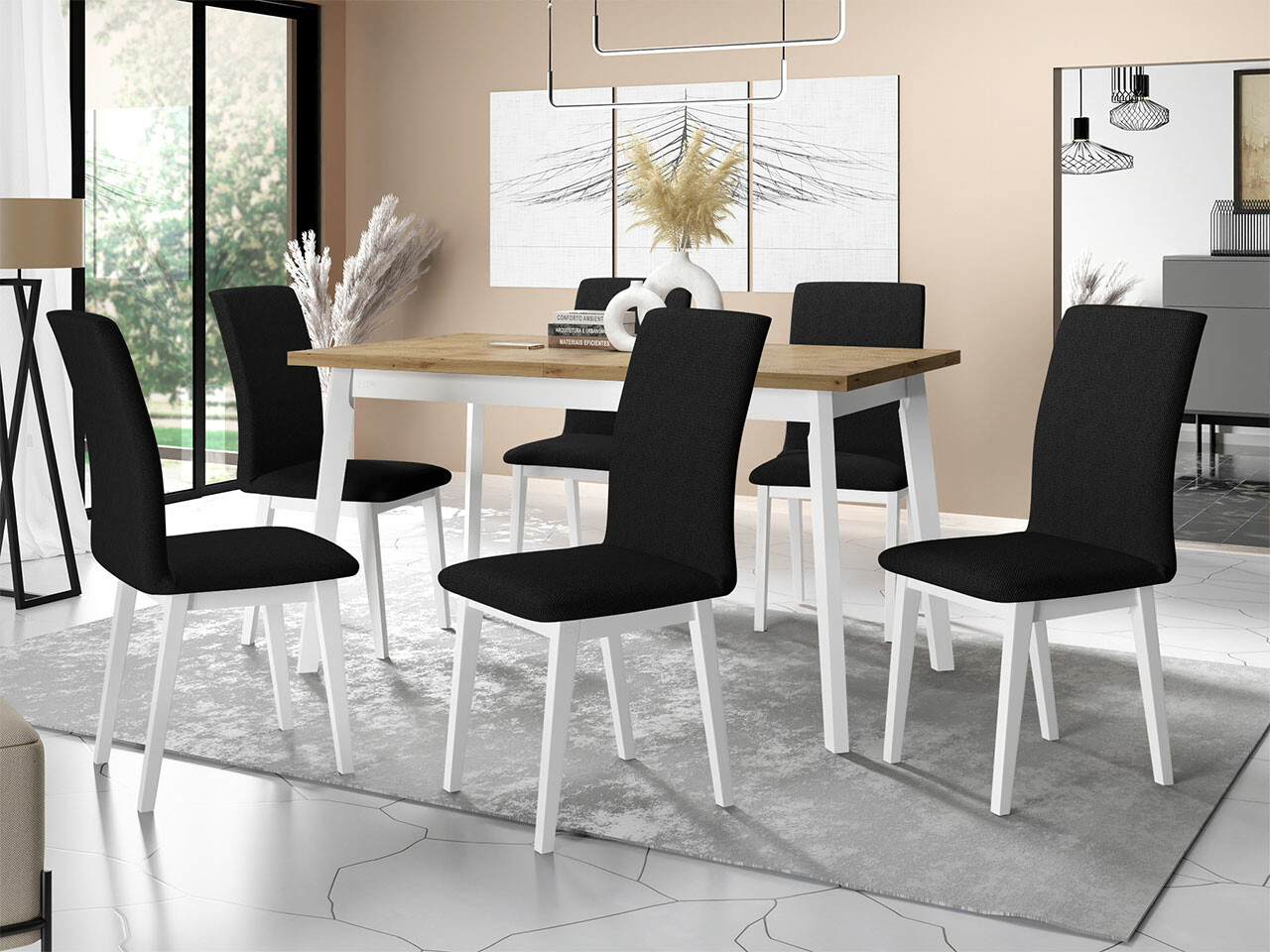 Salle à manger complète Victorville 285 (Chêne Artisan + Blanc)