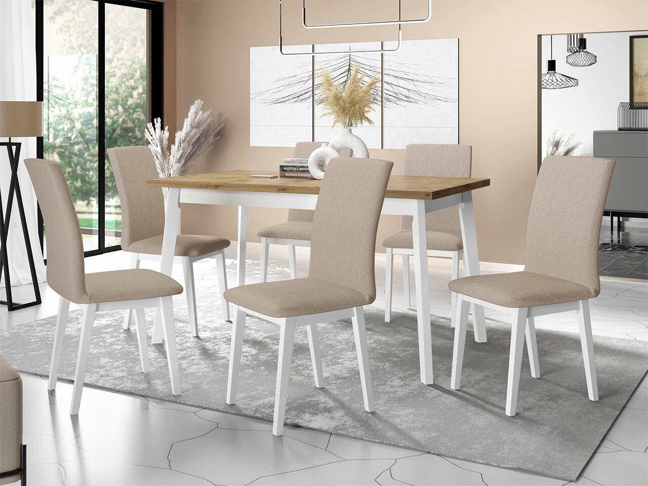 Salle à manger complète Victorville 285 (Chêne Artisan + Blanc)
