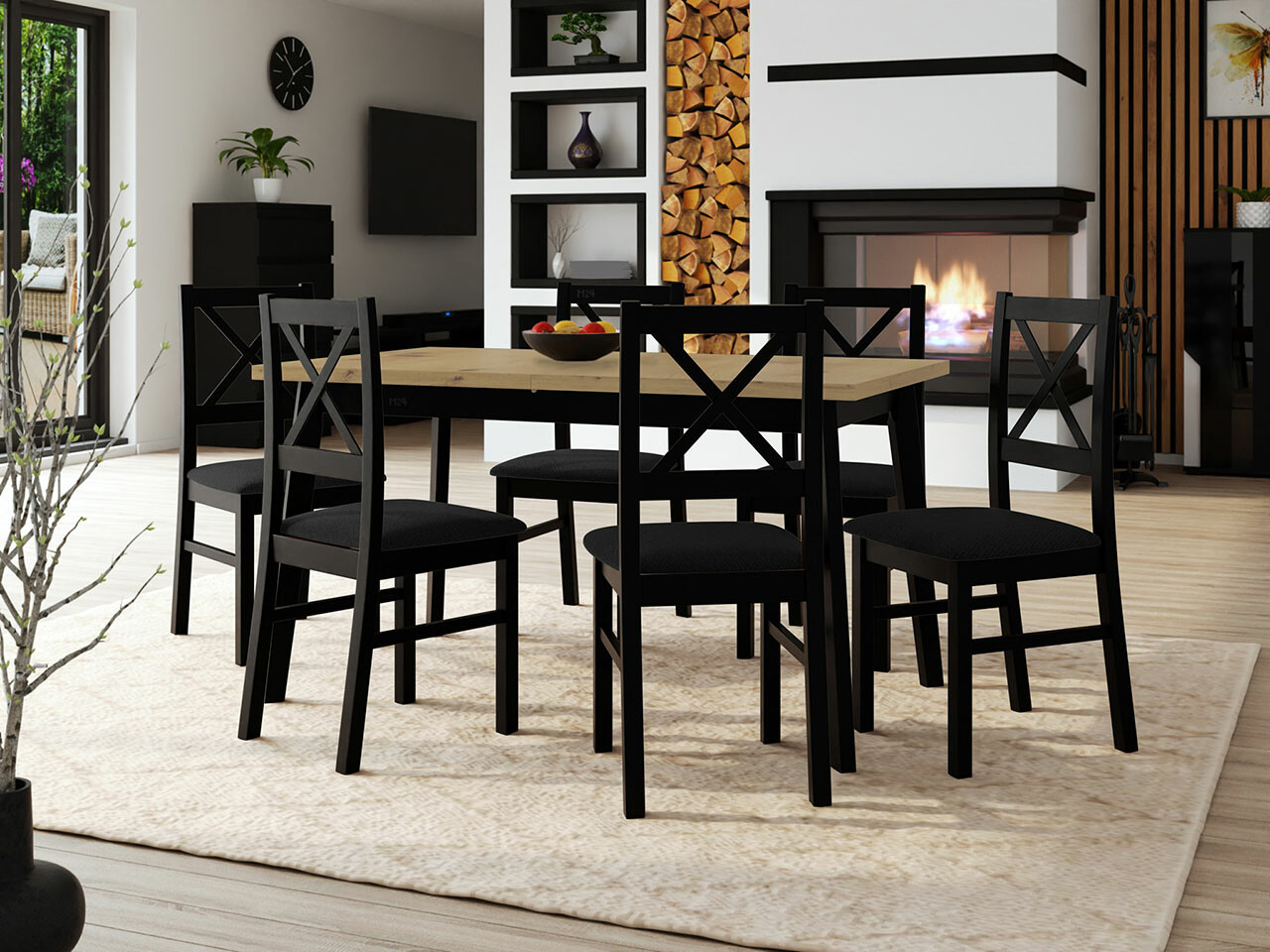 Salle à manger complète Victorville 295 (Chêne Artisan + Noir)
