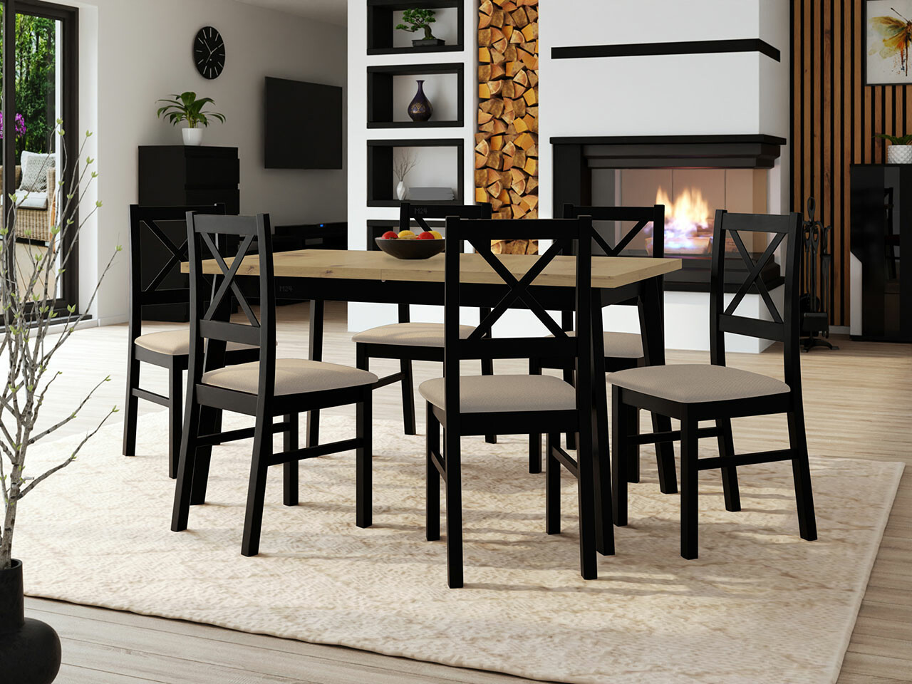 Salle à manger complète Victorville 295 (Chêne Artisan + Noir)