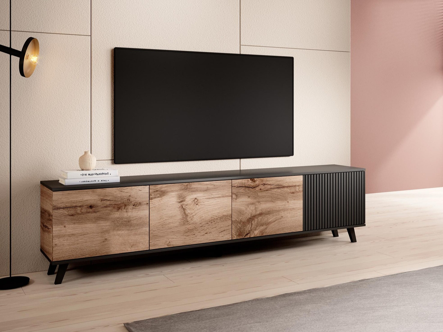 Meuble TV Luelia 114 (Noir + Chêne wotan)