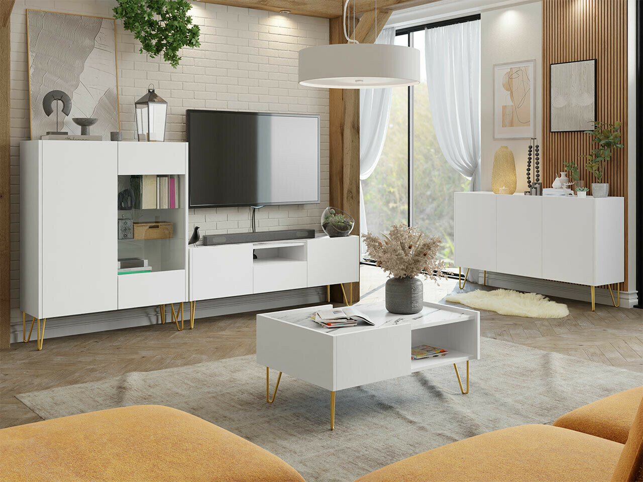 Ensemble de salon Levdale 105 (Blanc + Marbre blanc)