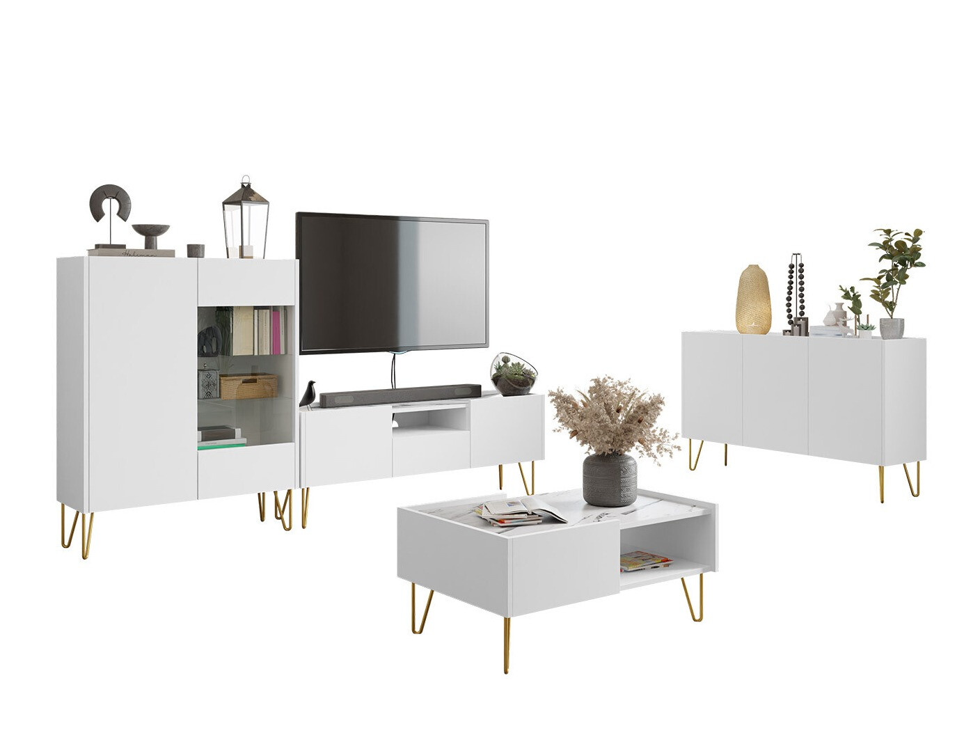 Ensemble de salon Levdale 105 (Blanc + Marbre blanc)