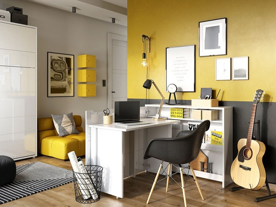 Bureau d'angle Concept Lenart III (Blanc + Blanc brillant)